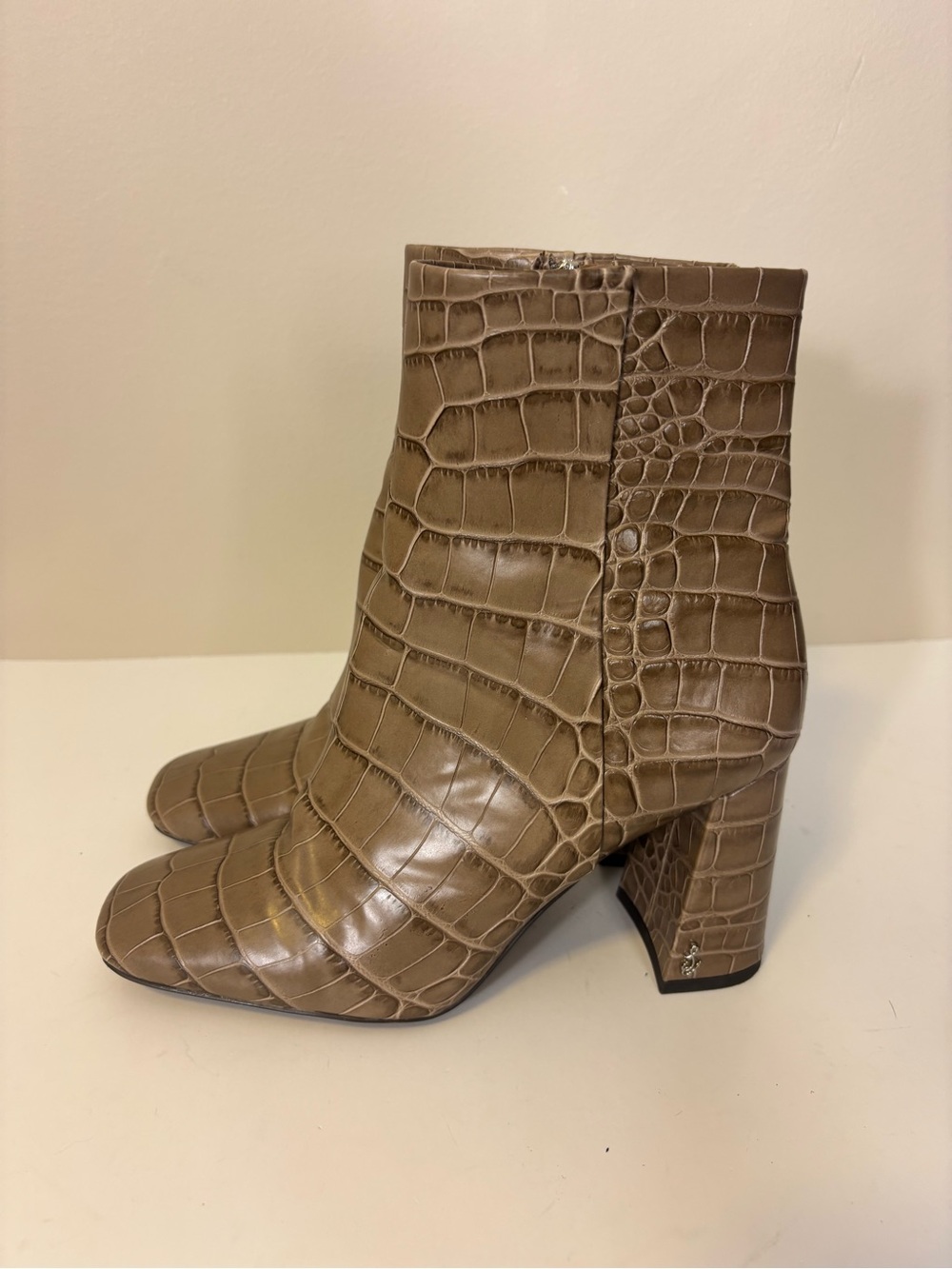 Sam Edelman Croc-Embossed Block Heel Mid Calf Booties - Taupe Women’s 8 - Picture 1 of 7